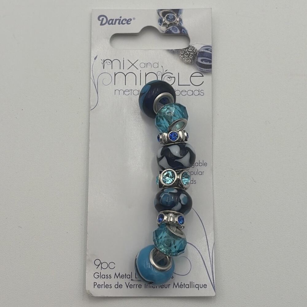 9 pc Darice° Mix & Mingle Glass metal lined beads Aqua Blue AJM-1999-2801